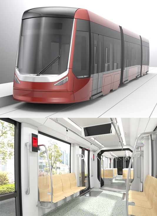 Interior and Exterior Industrial design of a tram